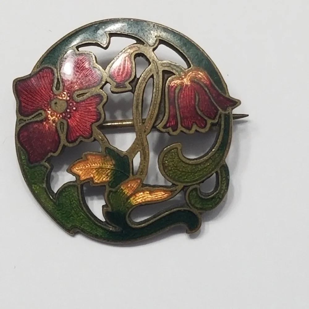 Antique brooch pin poppy flowers floral gold tone Victorian Edwardian red